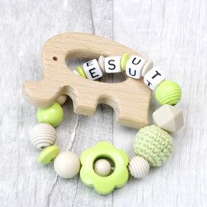 Greifling mit Namen Junge Mädchen Farbwahl Greifring Elefant Babygeschenk personalisiert Geschenk zur Geburt Lemon