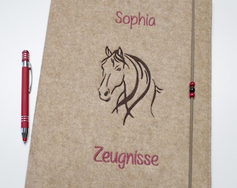 Personalized report card folder embroidered with name, personalized back-to-school gift, horse design, choice of colors, report card organizer