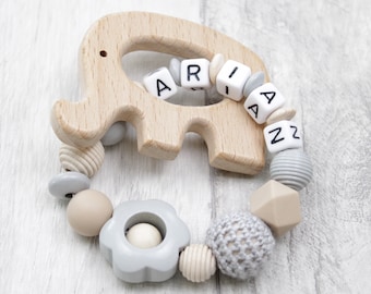 Greifling mit Namen Junge Mädchen Farbwahl Greifring Elefant Babygeschenk personalisiert Geschenk zur Geburt