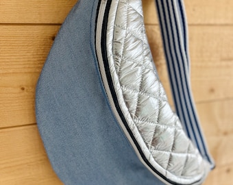 XL maxi fanny pack, silver quilted denim jeans fanny pack