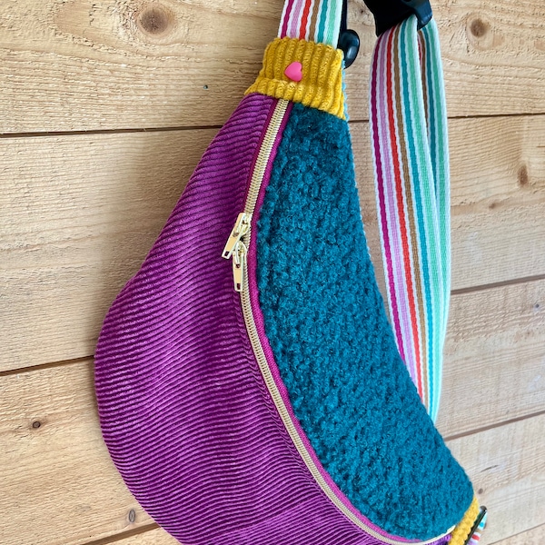 Extra-large colorblock banana bag in a colorful rainbow, corduroy, purple, yellow, petrol blue, sherpa