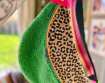 Borsa maxi banana, extra large, colori vivaci, Teddy, verde brillante, verde leopardato, rosa neon, cuori multicolori, fluorescente, stile anni ottanta, tracolla glitterata