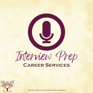 Może przedstawiać: Fioletowe logo z ikoną mikrofonu w kółku. Tekst "Interview Prep CAREER SERVICES" znajduje się pod logo.
