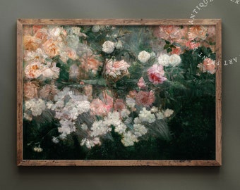 Pink Rose Garden, Botanic Vintage Moody Floral Art, Cottagecore Prints, Retro Aesthetic Modern Farmhouse