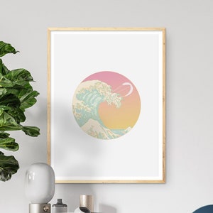 Japan Canvas Art, Kanagawa Wave Kitesurfing, Pink Sunset, Surfing Wave, Circle Art Prints, Digital Download, Printable Wall Art, Art Poster