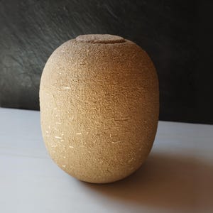Op de afbeelding: Een beige, ovaalvormige keramische vaas met een textuur. De vaas heeft een kleine, ronde opening aan de bovenkant. De achtergrond is een donkergrijze, getextureerde ondergrond.