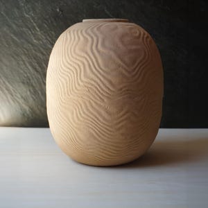 Op de afbeelding: Een lichtbruine, ovale vaas met een textuur van golven. De keramische vaas heeft een smalle opening aan de bovenkant en een gladde, afgeronde basis. De neutrale kleur en het unieke ontwerp maken het een decoratief stuk.