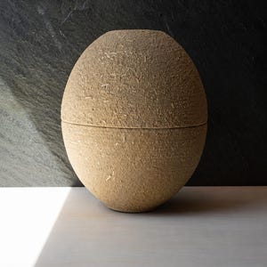 Peut inclure: Un grand récipient décoratif sphérique beige avec une surface texturée. Le récipient est divisé en deux moitiés, avec une couture visible. L'arrière-plan est une surface sombre et texturée.