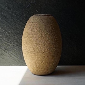 Op de afbeelding: Een getextureerde, ovale vaas in tinten bruin en beige. De vaas heeft een ruw, organisch oppervlak en een kleine, donkere rand. Hij staat op een licht oppervlak tegen een donkere achtergrond, wat een natuurlijke, aardse esthetiek suggereert.