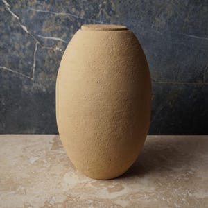 Op de afbeelding: Een beige, eivormige keramische vaas met een textuuroppervlak. De vaas heeft een platte, cirkelvormige bovenkant en staat op een lichtgekleurd oppervlak. De achtergrond is een donkere, gevlekte muur.