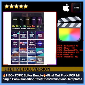 Può includere: Una grafica colorata con una valutazione a cinque stelle e il testo "Editor Bundle" in un riquadro bianco con contorno nero. La grafica presenta una griglia di 16 quadrati, ognuno contenente un diverso tipo di titolo o effetto di transizione per Final Cut Pro X. Il testo "2100+ FCPX Editor Bundle - Final Cut Pro X FCP M1 plugin Pack/Transition/title/Titles/Transitions/Templates" si trova nella parte inferiore della grafica.