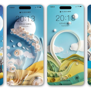 Könnte beinhalten: Vier verschiedene Handy-Bildschirmbilder mit einer Landschaft im Papierschnitzstil mit blauem Himmel, weißen Wolken und grünen und gelben Hügeln. Die Uhrzeit wird auf jedem Bildschirm als 20:13 angezeigt.