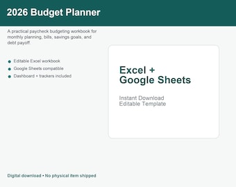 May include: A digital 2026 budget planner with the text "Excel + Google Sheets". The planner includes an editable Excel workbook, is Google Sheets compatible, and has a dashboard with trackers. The text "Instant Download Editable Template" is also visible.