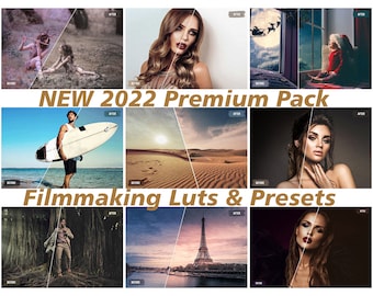 May include: A collage of before and after images showcasing the effects of using filmmaking LUTs and presets. The images include a woman with long hair, a man holding a surfboard, a desert landscape, a forest scene, and a cityscape with the Eiffel Tower.