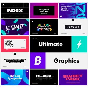 May include: A collection of 12 colorful graphic design templates featuring bold typography and geometric shapes. The templates include phrases like "Ultimate", "Index", "The Best Typography", "Sweet Pack", "Black Style", and "Graphics".