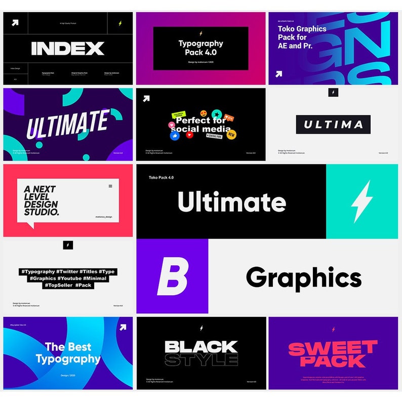 May include: A collection of 12 colorful graphic design templates featuring bold typography and geometric shapes. The templates include phrases like "Ultimate", "Index", "The Best Typography", "Sweet Pack", "Black Style", and "Graphics".