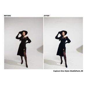 May include: A woman wearing a black dress, black hat, and black gloves poses in front of a white background.  Capture One Style: StudioPack_09