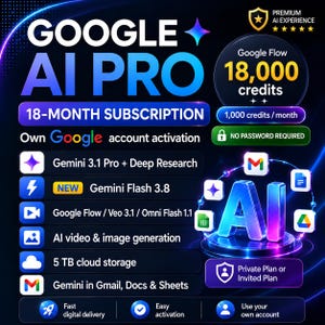 以下が含まれることがあります： 18,000クレジット、5TBのクラウドストレージ、Gemini 3.1 Pro、Deep Research、Gemini Flash 3.8、Google Flow、Veo 3.1、Omni Flash 1.1へのアクセスを含む、Google AI Pro 18ヶ月サブスクリプションのデジタルグラフィック。パスワードは不要です。