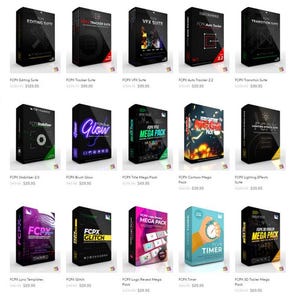 Peut inclure: Une collection de 12 mod&egrave;les de graphiques en mouvement Final Cut Pro X (FCPX) pour le montage vid&eacute;o. Les mod&egrave;les sont organis&eacute;s en grille avec un fond noir et du texte blanc. Chaque mod&egrave;le pr&eacute;sente un effet diff&eacute;rent, comme des transitions, des stabilisateurs et des effets de lueur. Les prix de chaque mod&egrave;le sont indiqu&eacute;s sous chaque image.