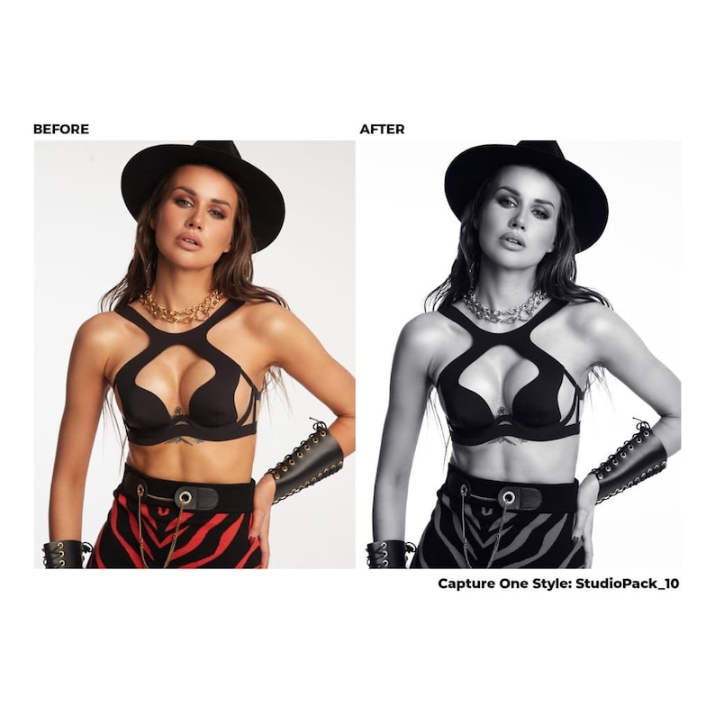 May include: A woman wearing a black bra with cutouts, a black hat, and a red and black zebra print skirt. She is also wearing a gold chain necklace and black leather bracelets.
