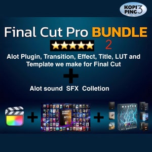 May include: Final Cut Pro Bundle 2, a collection of plugins, transitions, effects, titles, LUTs, and templates for Final Cut Pro, plus a sound effects collection. The image shows a clapperboard, a collection of video effects, and a collection of sound effects.