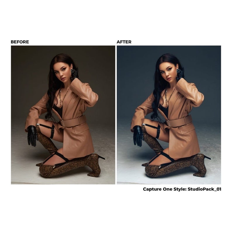 May include: A woman wearing a brown leather jacket, black gloves, and black and brown snake print boots poses with one knee bent. She is wearing a black bra and a black belt with a silver buckle. The background is a dark gray.