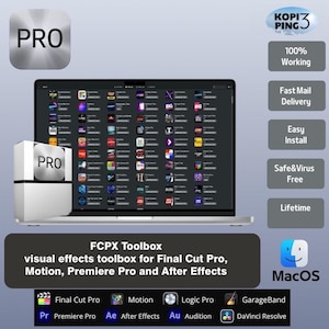 Może przedstawiać: Ekran laptopa wyświetlający zestaw narzędzi efektów wizualnych dla Final Cut Pro, Motion, Premiere Pro i After Effects. Zestaw narzędzi zawiera różne efekty, przejścia i inne narzędzia. Na ekranie wyświetlany jest tekst "FCPX Toolbox". Tekst "MacOS" jest wyświetlany w prawym dolnym rogu obrazu.