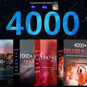 Może przedstawiać: Zbiór pięciu pakietów produktów cyfrowych do oprogramowania do edycji wideo. Pakiety zawierają ponad 4000 przejść, ustawień retro, LUT i efektów soczewek. Tekst "4000+ Deluxe Bundle" jest wyświetlany na najbardziej prawym pakiecie.