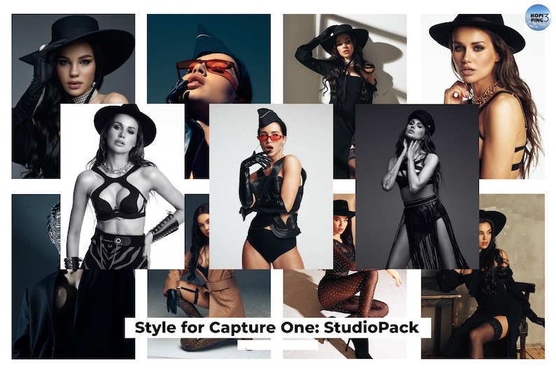 May include: A collage of images featuring a woman wearing various outfits and accessories, including a black hat, leather gloves, and a black bodysuit. The text "Style for Capture One: StudioPack" is displayed at the bottom of the collage.