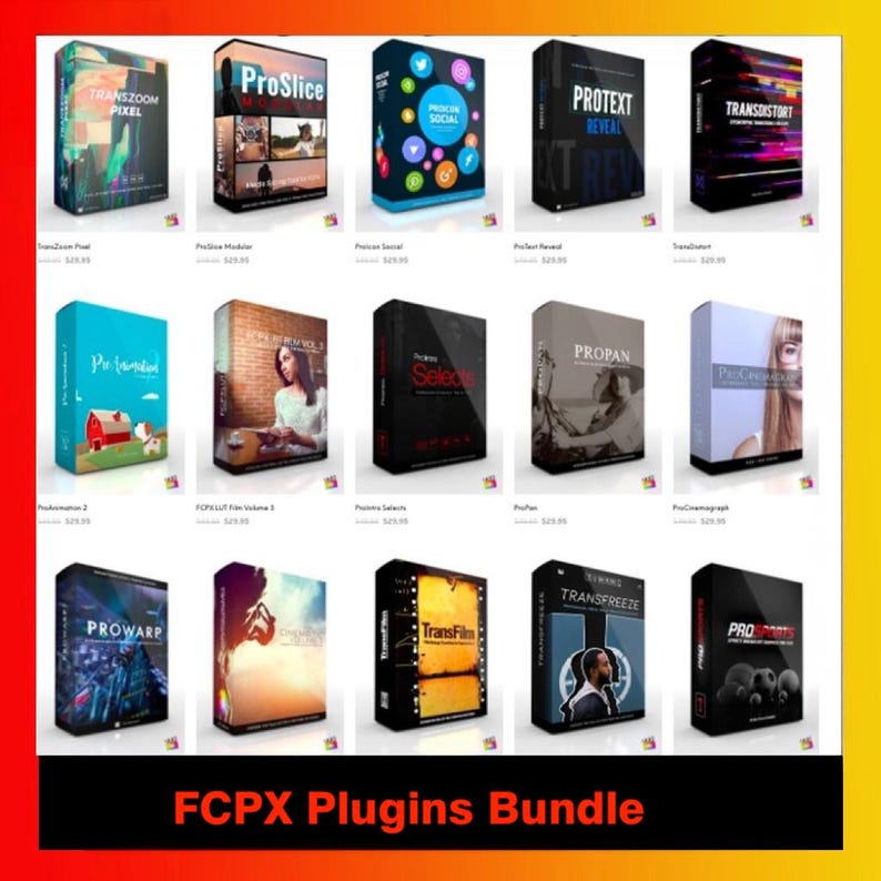 Peut inclure: Une collection de 15 bo&icirc;tes color&eacute;es avec diff&eacute;rents titres, tels que "ProSlice", "TransZoom Pixel", "ProText Reveal" et "TransDistort". Les bo&icirc;tes sont dispos&eacute;es en grille de 5 rang&eacute;es et 3 colonnes. Le texte "FCPX Plugins Bundle" est affich&eacute; sous les bo&icirc;tes.
