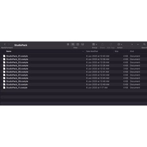 May include: A screenshot of a file manager showing a list of files named StudioPack_01.costyle through StudioPack_11.costyle. Each file is a document with a size of 4 KB, except for StudioPack_10.costyle, which is 5 KB. All files were last modified on June 6, 2020.