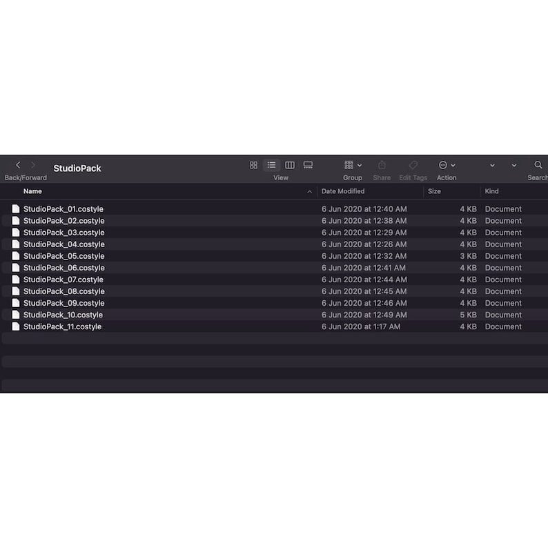 May include: A screenshot of a file manager showing a list of files named StudioPack_01.costyle through StudioPack_11.costyle. Each file is a document with a size of 4 KB, except for StudioPack_10.costyle, which is 5 KB. All files were last modified on June 6, 2020.