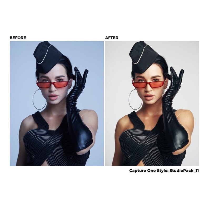 May include: A woman wearing a black leather top, black leather gloves, red sunglasses, and a black cap. The text "Capture One Style: StudioPack_11" is at the bottom of the image.