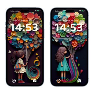 May include: A digital illustration of a girl holding a bunch of colorful paper balloons. The girl is wearing a blue dress and red shoes. The background is black with a digital clock that reads 14:53. The text "Sept. 15 星期五 NICE DAY..." is displayed on the screen.