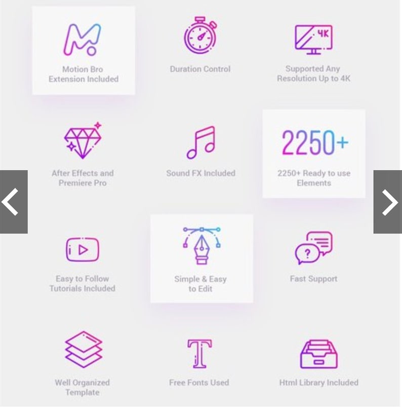 May include: A graphic with nine colorful icons representing features of a product. The icons include a play button, a diamond, a music note, a stopwatch, a pen and ruler, a question mark in a speech bubble, a stack of papers, a letter T, and a folder. The text below the icons describes the features, such as "Easy to Follow Tutorials Included", "After Effects and Premiere Pro", "Sound FX Included", "Duration Control", "Simple & Easy to Edit", "Fast Support", "Well Organized Template", "Free Fonts Used", and "Html Library Included".
