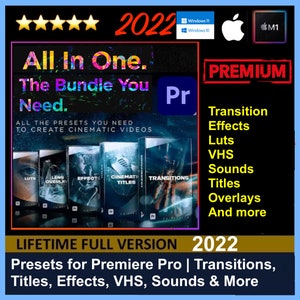 2022 Premium Presets Pack for Premiere Pro | Transitions, Titles, Effects, VHS, LUTs, FX Sounds, Logo Reveal, Glitch & More Motion Graphics