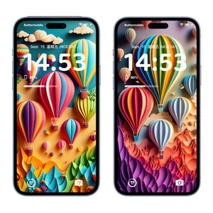 Puede incluir: Dos pantallas de teléfono inteligente idénticas que muestran un fondo de pantalla de globos aerostáticos coloridos con un reloj digital que marca las 14:53. El fondo de pantalla presenta una variedad de globos aerostáticos en tonos de rojo, naranja, amarillo, verde, azul y morado. El texto "Sept. 15 星期五.NICE DAY" se muestra en la parte superior de la pantalla.