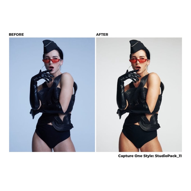May include: A woman wearing a black bodysuit with a unique design, a black cap, and red sunglasses. She is wearing long black gloves and has her hand near her mouth.