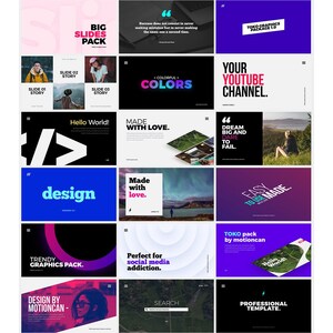 May include: A collection of colorful slides for YouTube videos. The slides feature various designs and text, including "Your YouTube Channel", "Dream Big and Dare to Fail", "Easy to Use Made", and "Professional Template".