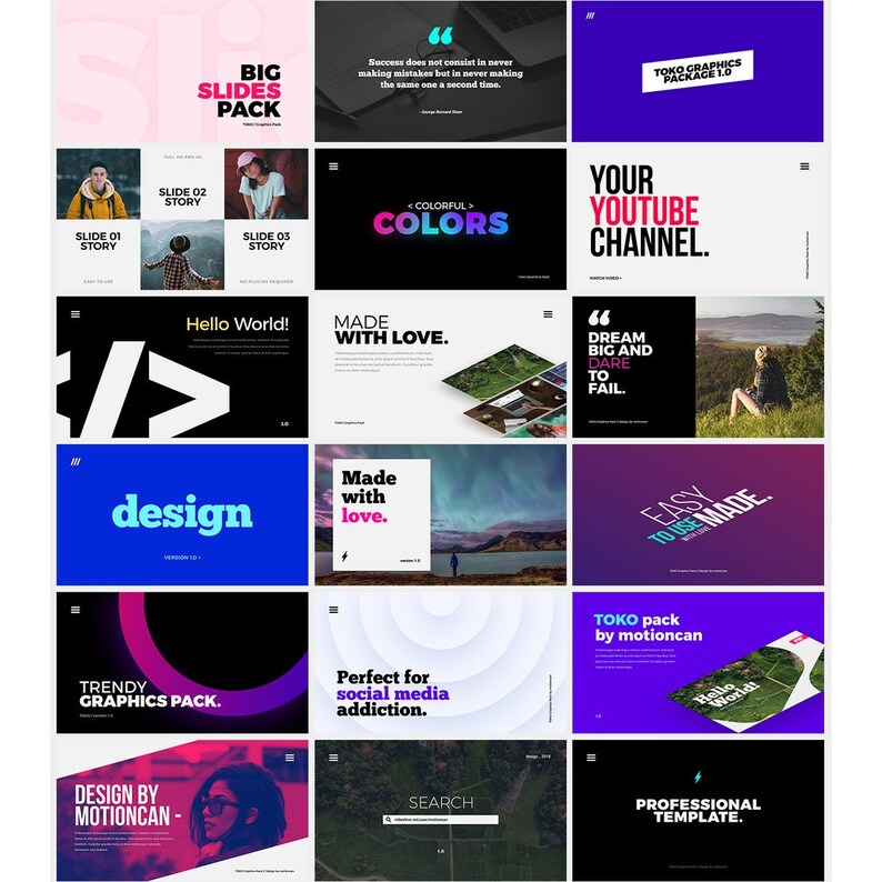 May include: A collection of colorful slides for YouTube videos. The slides feature various designs and text, including "Your YouTube Channel", "Dream Big and Dare to Fail", "Easy to Use Made", and "Professional Template".