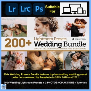 May include: A collage of images featuring wedding photography, with a title that reads "200+ Wedding Bundle" and a tagline that says "Lightroom Presets - State-of-the-art colour grading for pros & enthusiasts". The bundle includes 200+ Lightroom presets, 2 Photoshop actions, and tutorials.