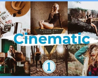 May include: A collage of images showcasing a set of Capture One presets called "Cinematic Mood". The images feature various scenes with a warm, cinematic color palette. The text "Cinematic Mood" is prominently displayed in a blue and white brushstroke font.