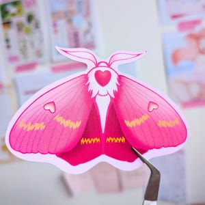 Pink Moth Sticker: Glossy Handmade (8cm)