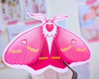 Pink Moth Sticker: Glossy Handmade (8cm)