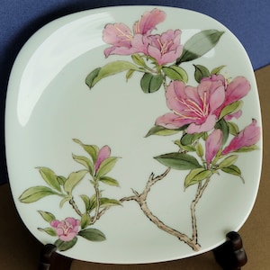 Hand painted porcelain plate, Chinese art, rhododendron