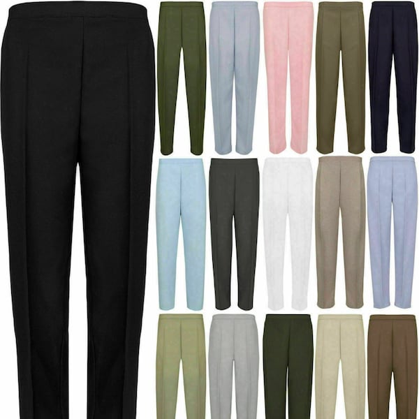 Ladies Single Semi Elasticated Stretch Waist Plain Casual Office Nurse Career Work Pull On Trousers