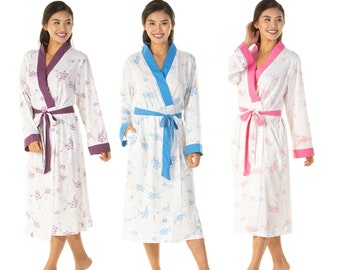 Ladies Soft Feel Floral Cotton Blend Dressing Gown Long Sleeve Nightwear Size 10-24