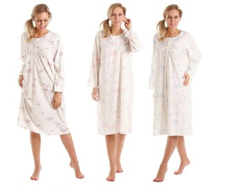 Ladies Soft feel Floral Cotton Blend Jersey Nightdress Long Sleeve Nightwear size 10-36