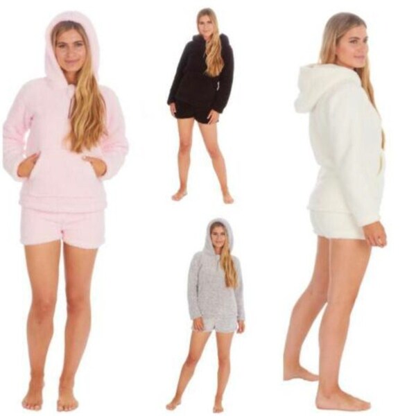 Ladies Hooded Snuggle fit Lounge Wear Sherpa Style Top & Shorts Set Size S-XL