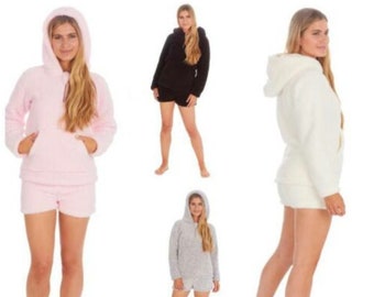 Ladies Hooded Snuggle fit Lounge Wear Sherpa Style Top & Shorts Set Size S-XL